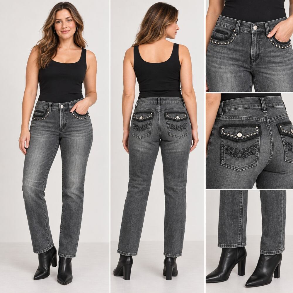 White House Black Market Blanc Gray Studded Embroidered Slim Jeans 8P